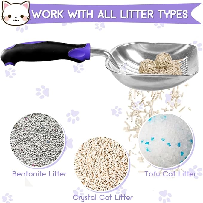 Cat Litter Scoop, Metal Cat Scooper, Rubber Handle Scoop, Sifting Shovel – Heavy Duty Aluminum Alloy Litter Box Scoop with Deep Mesh, Design for Easy Waste Removal and Cleaning(Purple)