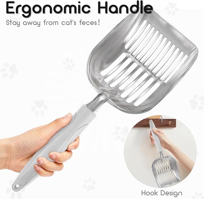 Cat Litter Scoop, Metal Cat Scooper, Plastic Handle Scoop, Sifting Shovel – Heavy Duty Aluminum Alloy Litter Box Scoop with Deep Mesh, Design for Easy Waste Removal and Cleaning(Gray)
