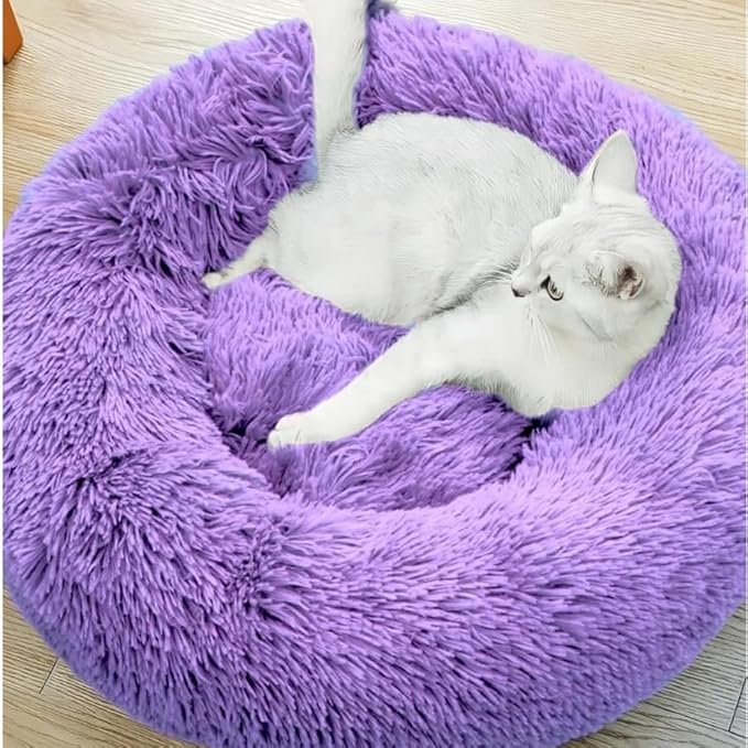 Purrfect Cat Beds - Washable 20 inches, Anti-Anxiety Round Plush Faux Fur, Thick Bottom (Purple, Medium) - Suitable for Indoor Cats & Small/Medium Dogs