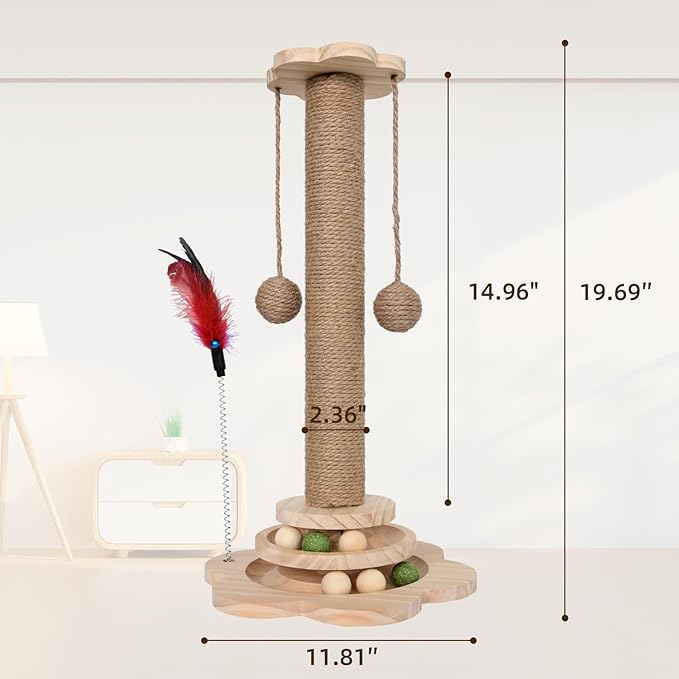 Cat Scratching Post - 4 in 1 Scratching Post, Wooden Cat Scratch Post with 2 Level Sisal Balls & 2 Sisal Hanging Balls for Indoor Kittens, Gifts
