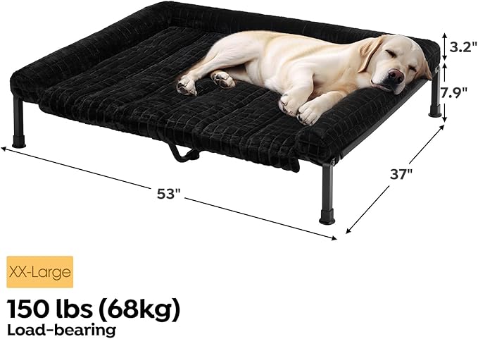 Veehoo Cooling Elevated Dog Bed with Fluffy Plush Cushion, Washable Raised Dog Beds with Removable Bolster, Breathable Mesh, No-Slip Feet, Heavy Duty Pet Cot for Large Dogs, 53 x 37 inches, Black