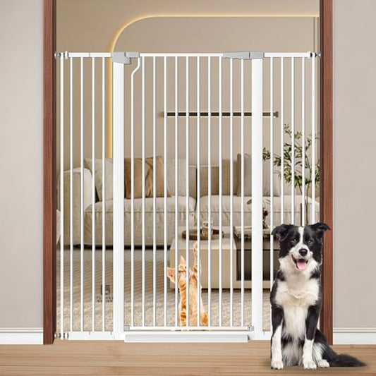 Fairy Baby 51.18" Extra Tall Baby Gates for Doorways, 29.5"-48.4" Extra Wide Safety Child Gates for Cats Dogs, Metal Auto Close Stair Gates Indoor for Kid or Pets No Drilling Pressure Mount Kit, White