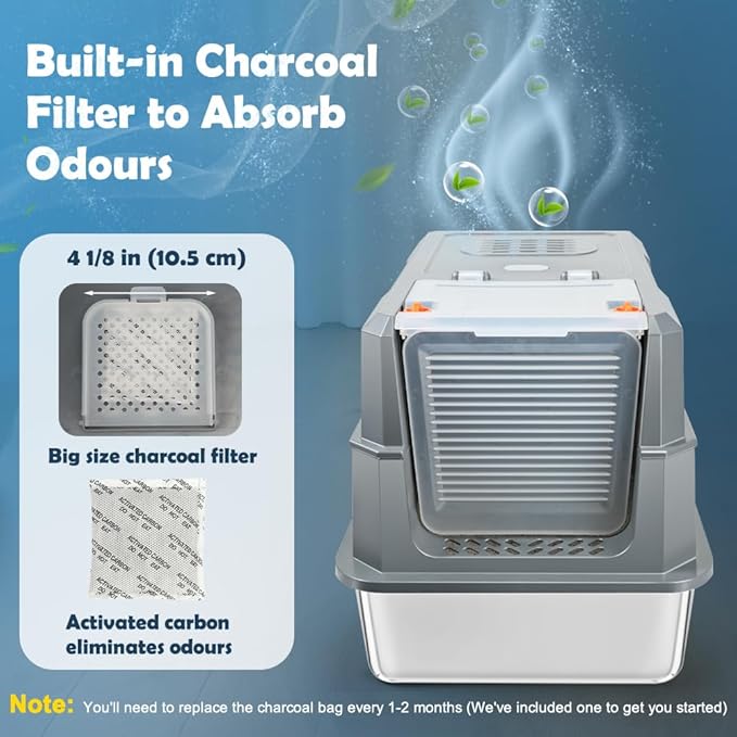 SZEE Stainless Steel Litter Box, Large Size, Fully/Half Enclosed Design, Foldable Front Door for Scooping, Activated Charcoal Odor Control, Prevent Splashing Out