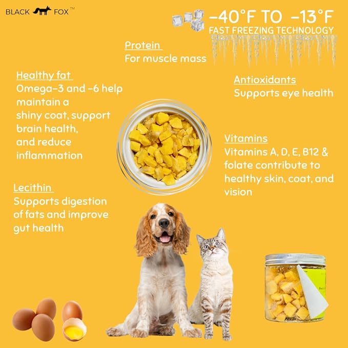 BLACK FOX Freeze-Dried Chicken Egg Yolk Dog Treats | Topper | Cat Treats | 4oz Single Ingredient, Raw, Healthy, All Natural, Human Grade, Digestion & Hairball Control
