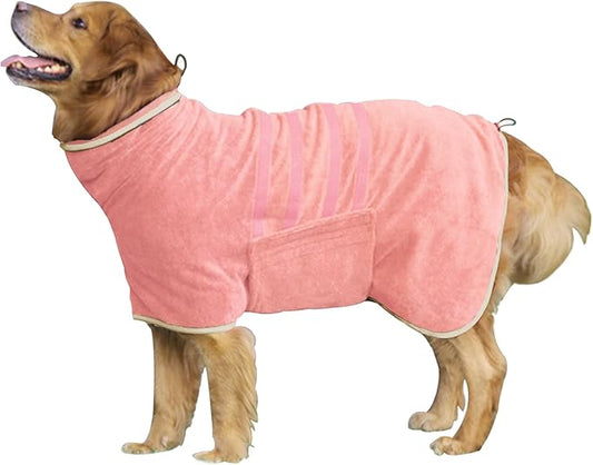 Dog Robe - Fast Drying Towel - Microfiber Super Absorbent Pet Bathrobe, Adjustable Collar & Belly Strap (Pink, Medium)