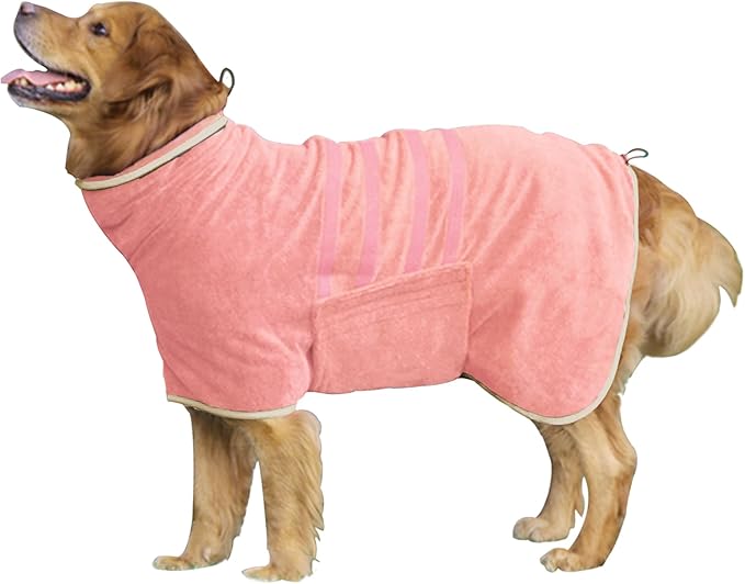 Dog Robe - Fast Drying Towel - Microfiber Super Absorbent Pet Bathrobe, Adjustable Collar & Belly Strap (Pink, Small)