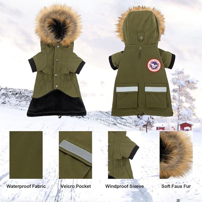 PINA Dog Coats for Small Dogs, Waterproof & Windproof Reflective Dog Jacket with Pocket, Warm Dog Cold Weather Coat with Flannel Lining & Faux Fur Hood