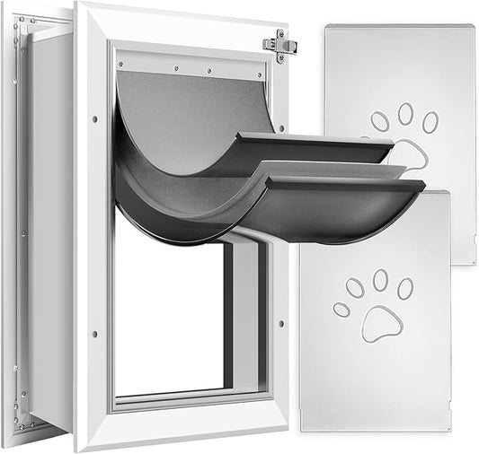 [Petoasis] Heavy Duty Aluminum Dog Door with Lock,3 Flap Insulated Doggie Doors with Installation Manual,Durable and Rust Resistant, Patent: USD1057087S, (Silvery White, XLarge for Wall)