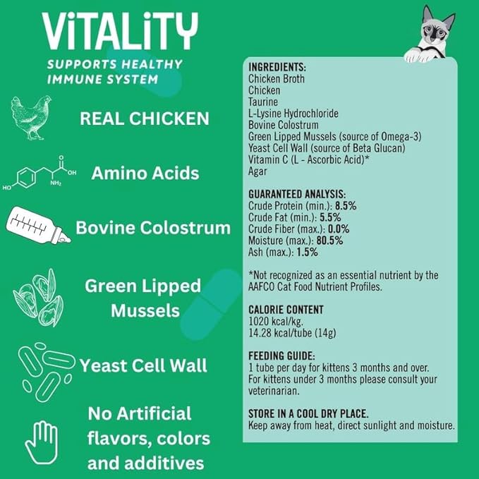 Lickable Cat Treats - Vitality Chicken Puree Squeeze Tubes with Lysine, Taurine & Beta Glucan | Immune Support for Indoor Cats (12 Pack)