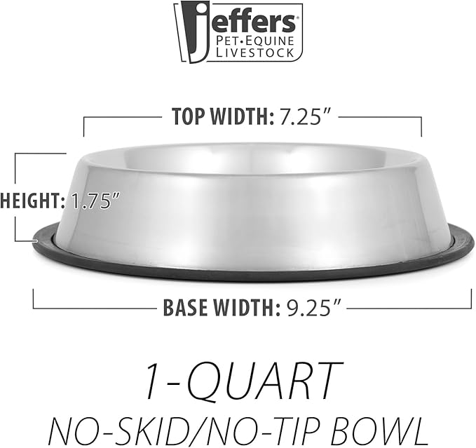 Jeffers Pet Stainless Steel Dog Bowl – No Skid, No Tip Food & Water Bowls for Puppies, Small, Medium, Large Breeds – Heavy Duty, Dishwasher Safe Feeder for Indoor, Outdoor, Travel Use – 1 Quart