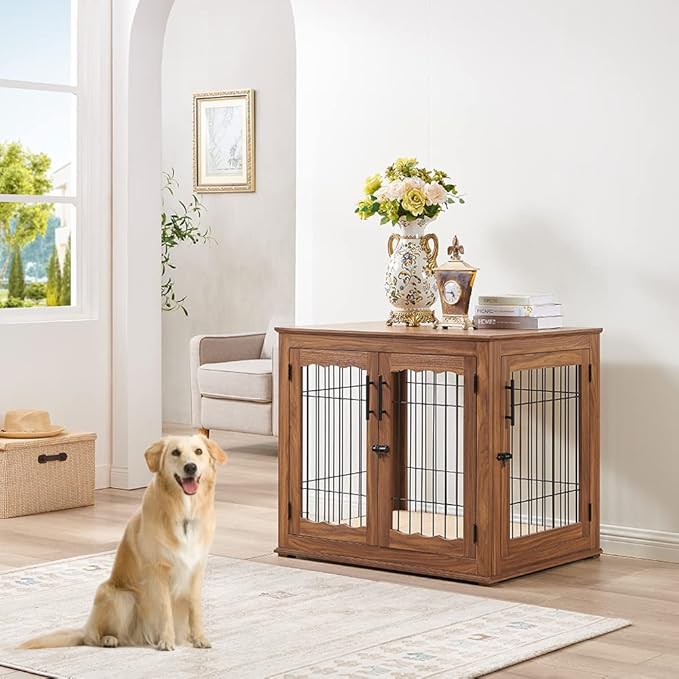 beeNbkks Furniture Style Dog Crate End Table, Double Doors Wooden Wire Dog Kennel with Pet Bed, Decorative Pet Crate Dog House Indoor Medium Large
