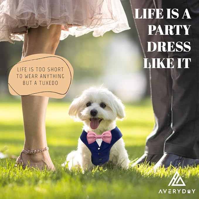 AVERYDAY Dog Tuxedo for Wedding Outfit, Dog Suit and Tie Costumes for Birthday, Halloween, Cosplay, Christmas Party, Pet Formal Wear with Bowtie, Tux for Small Dogs, Chihuahua, Bichon, Maltese, Cats