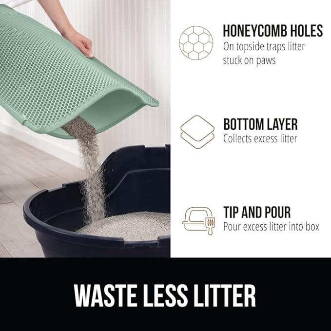 GORILLA GRIP Honeycomb Cat Litter Box Mat, Two Layer Trapping Waste Mats, Soft On Paws, Litter Box Supplies and Essentials for Indoor Cats, Traps Excess, Water Resistant for Floors, 24x15 Sage