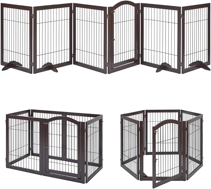 unipaws 144" Extra Wide Dog Gate and Pet Playpen, Free Standing Tall Dog Fence with Walk Through Door, Barriers for Home, Use as Indoor Cats Pen, Rabbit Pen, Espresso