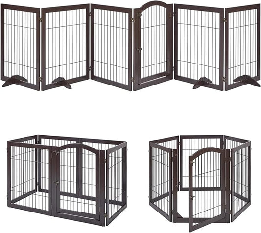 unipaws 144" Extra Wide Dog Gate and Pet Playpen, Free Standing Tall Dog Fence with Walk Through Door, Barriers for Home, Use as Indoor Cats Pen, Rabbit Pen, Espresso