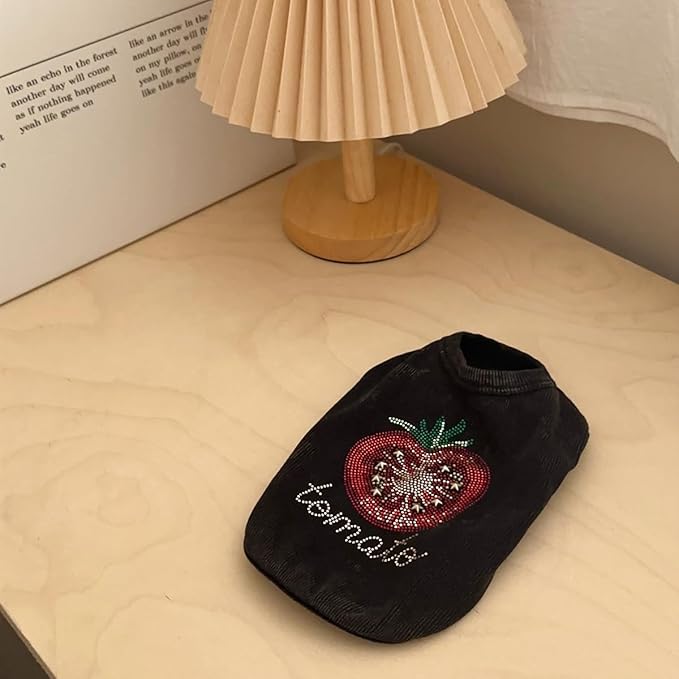 Washed Cotton Pet Vest with Rhinestone Fruit Designs, Soft & Stylish Small Dog Cat Vest for Spring Summer, Breathable & Shiny (Black-Tomato, X-Small)
