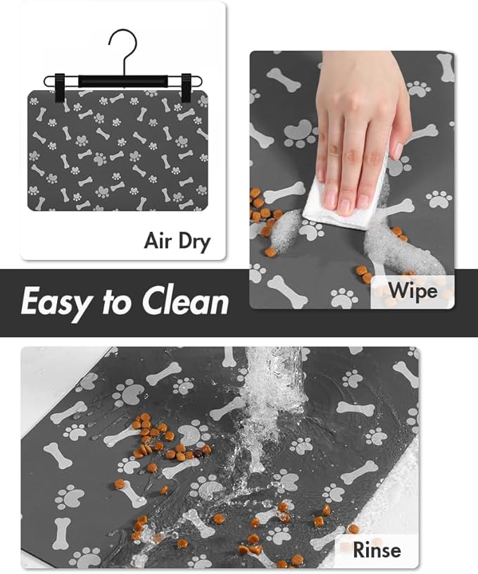 MontVoo Dog Food Mat-Pet Feeding Mat for Food and Water-No Stains Quick Dry Dispenser Cat Bowl Mat for Messy Drinkers(17"x34" Dark Grey)