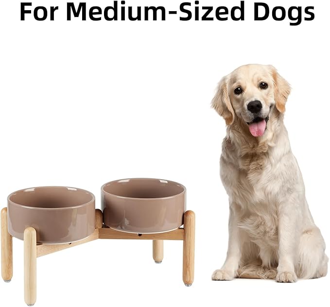Ceramic 7.3inch Raised Double Bowls Set with Wooden Stand, Food & Water Bowls for Medium Breed Dogs, Weighted Dog Dishes, Pet Feeder(Brown Coffee)
