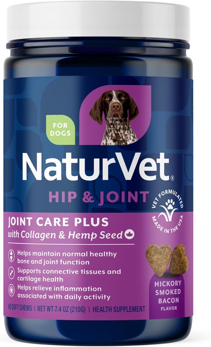 NaturVet Hemp Advanced Joint Health Dog Supplement Plus Hemp Seed – Helps Support Joint Health in Dogs – Includes, Collagen, Glucosamine, MSM, Chondroitin, Omegas – 60 Ct.