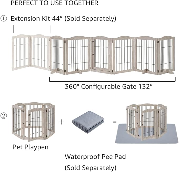 unipaws 132" Extra Wide Dog Gate and Pet Playpen, Free Standing Tall Fence with Walk Through Door, Barriers for Home, Use as Indoor Dogs Cats Pen, Rabbit Pen, Weathered Grey