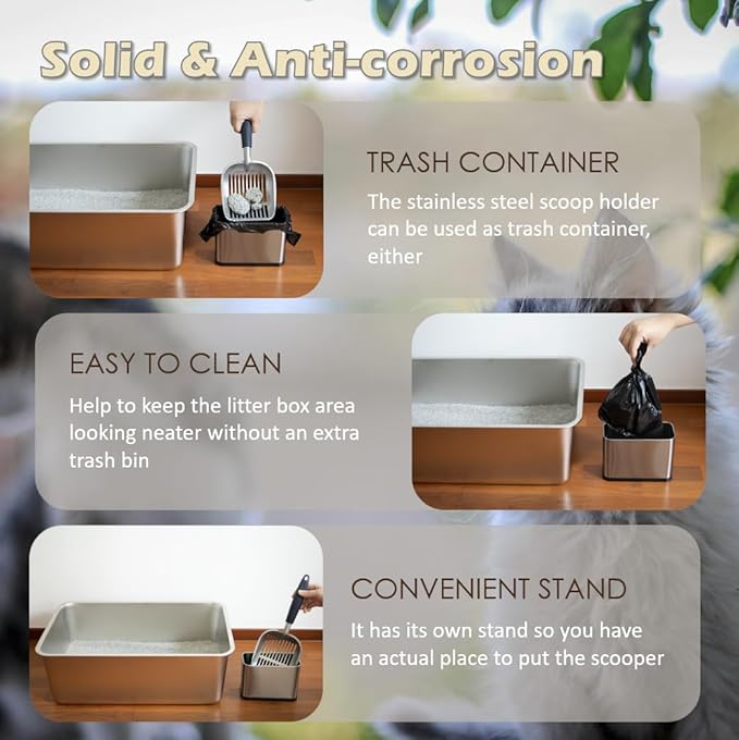 Full Metal Cat Litter Scoop with Holder, Stainless Steel Cat Litter Scooper Holder, Aluminum Kitty Scoop Captures All Clumps, Heavy Duty Kitty Metal Scooper with Non-Slip Handle