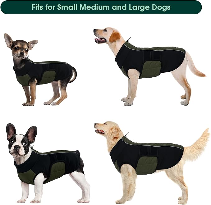 Kuoser XXXL Dog Coat, Dog Jackets for Large Dogs, Reflective Pet Winter Coat Cold Weather Coats, Doggie Snow Jacket Warm Apparel Clothes for Great Dane, Green XXXL