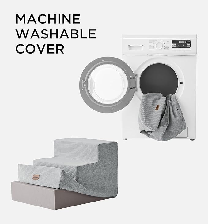 Made4Pets Dog Stairs for Small Dogs, Extra Wide Dog Steps for Bed Couch Sofa and Chair, 35D Foam Pet Steps for Small Dogs and Cats(Up to 40lbs), Non-Slip Bottom Pet Stairs, Light Grey, 3 Steps