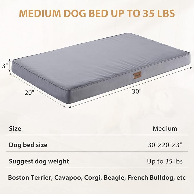 BFPETHOME Outdoor Dog Bed for Large Dogs, Waterproof, Orthopedic with Removable Washable Cover, Egg Crate Foam Mat. (30 x 20in, Grey)