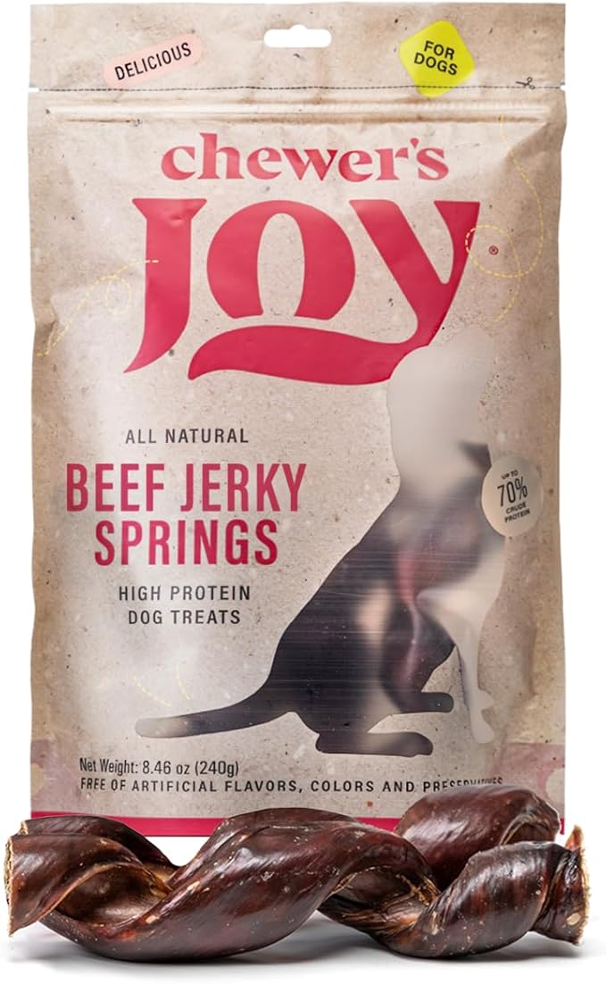 Chewer's Joy Beef Jerky Spring 7–8" (12CT) – Natural Dog Treats – Single Ingredient Long-Lasting Chews, High Protein