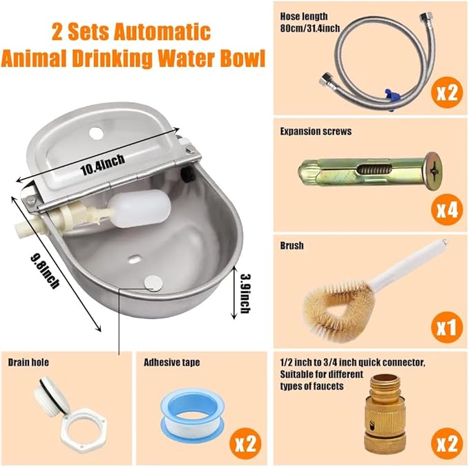 Automatic Animal Drinking Water Bowl with Float Valve and Drainage Hole, 304 Stainless Steel Livestock Dispenser Waterer Kits Included Water Hose, 3/4''Adaptor, Float Valves Mounting Bolts (2 Sets)