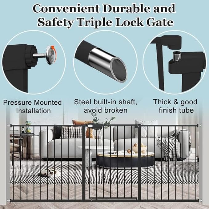WAOWAO Triple Lock Baby Gate Extra Wide 81.49-86.22" Pressure Mounted Walk Through Swing Auto Close Safety Black Metal Dog Pet Puppy for Stairs,Doorways