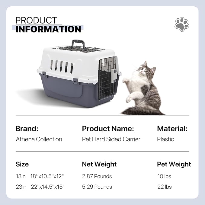Athena Collection 22" Hard-Sided Travel Pet Carrier for Small Dogs and Cats, Plastic Dog Crate with 2-Door Top & Front Load, Ventilation, Security Lock, Cat Dog Carrier for Pet, up to 22lbs, Grey