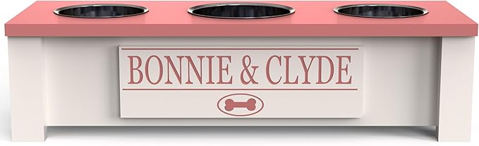 GrooveThis Woodshop - Personalized Elevated Triple Dog Bowl Stand for Large, Medium, Small, X-Small Dogs - 3 Stainless Steel Food and Water Bowls - Raised Dog Dish with Internal Storage (Small, Pink)