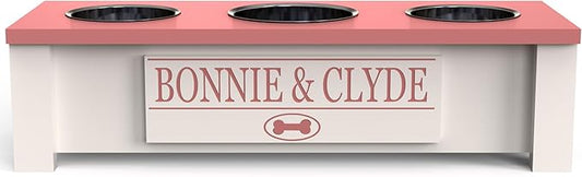 GrooveThis Woodshop - Personalized Elevated Triple Dog Bowl Stand for Large, Medium, Small, X-Small Dogs - 3 Stainless Steel Food and Water Bowls - Raised Dog Dish with Internal Storage (Small, Pink)