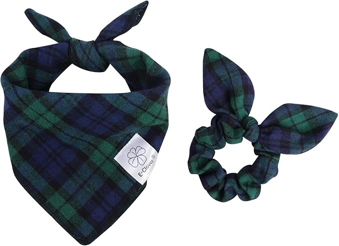 E-Clover Christmas Dog Bandanas Boy & Matching Scrunchie Set Plaid Scarf Kerchief for Small Dog Puppy Bandana Pet Owner Blue Green Fall