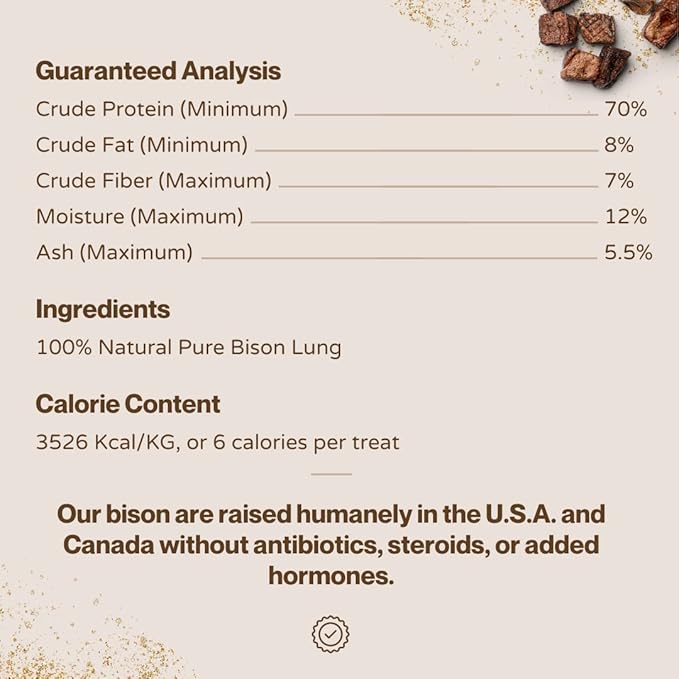 Bison Cubes Dog Treats - All Natural, Vet Approved, Single Ingredient, Grain Free, Healthy & Nutritious Treats for Dogs (Bison Lung, 5oz)