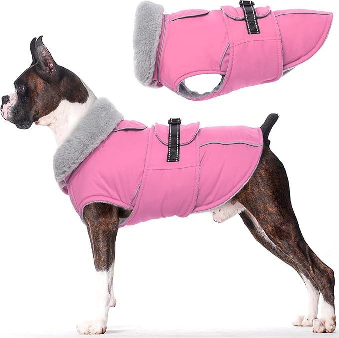 Lelepet Warm Dog Coat Reflective Fleece Vest Waterproof Dog Jacket with Adjustable Buckle Hook & Loop Windproof Cold Weather Coats for Small Medium Large Dogs, Pink, L