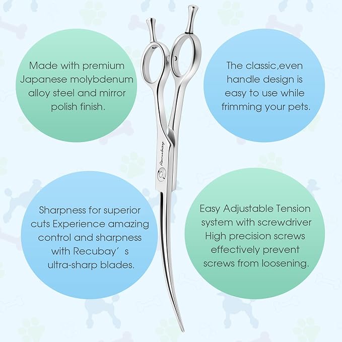 Dog Cat Scissors for Grooming, Pet Shears for Thick Coats and Matted Hair, Thinner Curved Straight Chunker Stainless Steel Shears (7.0" Curved Silver)