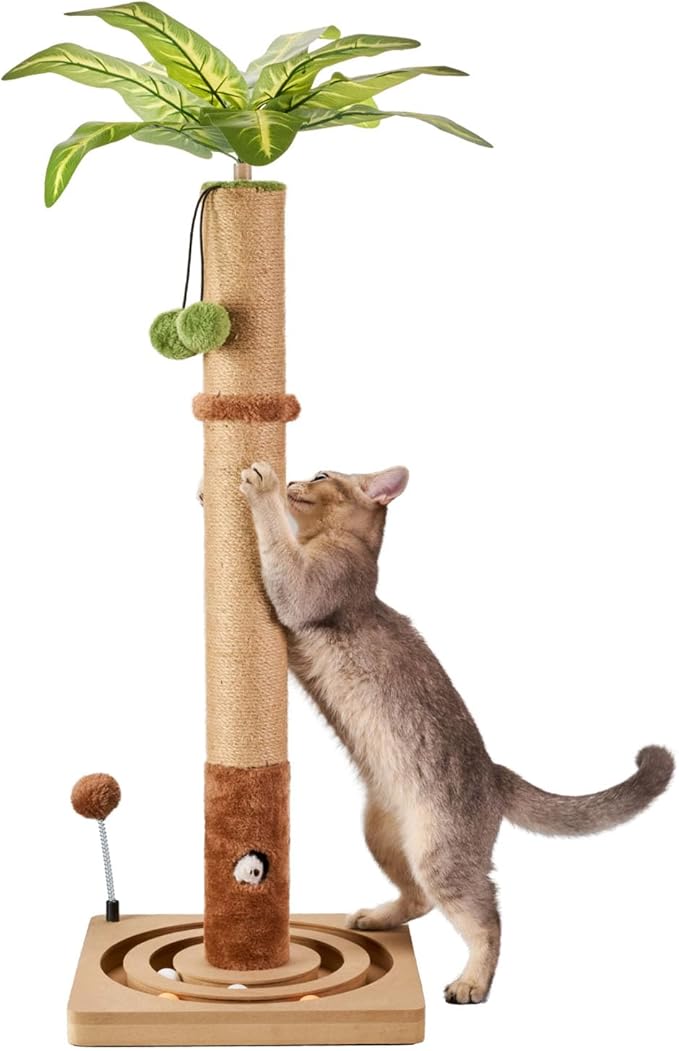MECOOL 35in Tall Cat Scratching Post Sturdy and Premium Scratch Posts with Hanging Ball and Ball Track Cute Cat Tree for Indoor Cats