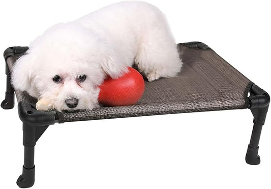 Veehoo Outdoor Elevated Dog Bed for Small Dogs, Cooling Raised Dog Cots Beds Training Platform Off Ground Hammock with Breathable Mesh, No-Slip Feet, 22"x17", Brown