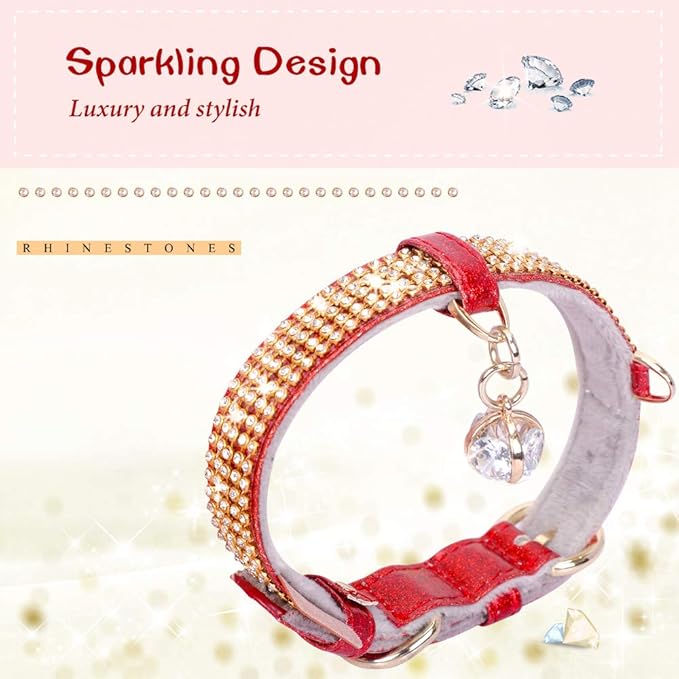 PetsHome Cat Collar, Dog Collar, [Bling Rhinestones] Premium PU Leather with Pendant Adjustable Collars for Small to Medium Dog Medium Red