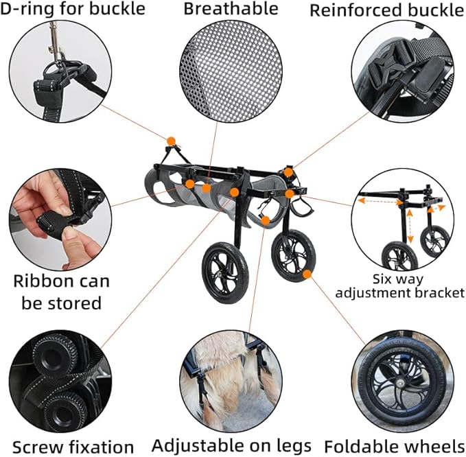 Large Dog Wheelchair for Back Legs with Pet Traction Rope - Adjustable Hind Leg Support Cart with Breathable Air Mesh Harness, All-Terrain Wheels & Foldable Frame - Mobility Aid for Disabled/Injured