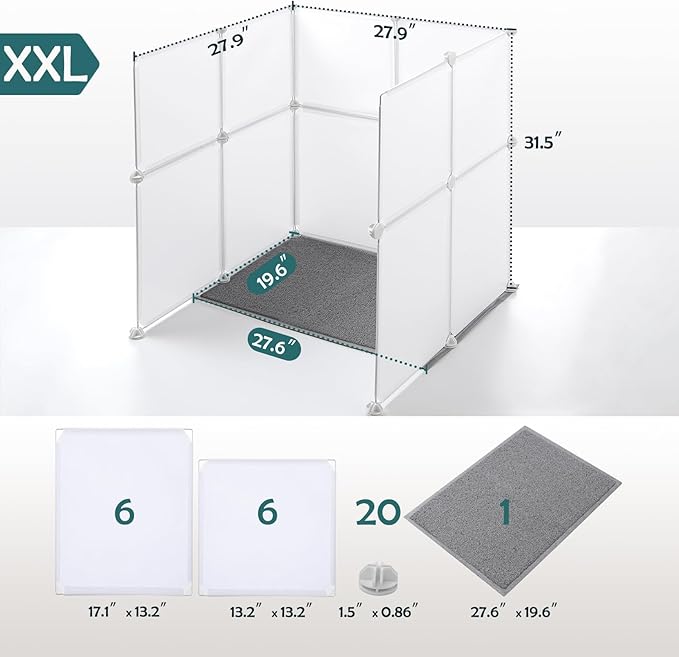 MEEXPAWS Cat Litter Box Enclosure Splash Guard XXL 27.9L × 27.9W x 31.5H inch, Light Weight Plastic Sheets with Cat Litter Mat Easy Clean (White)