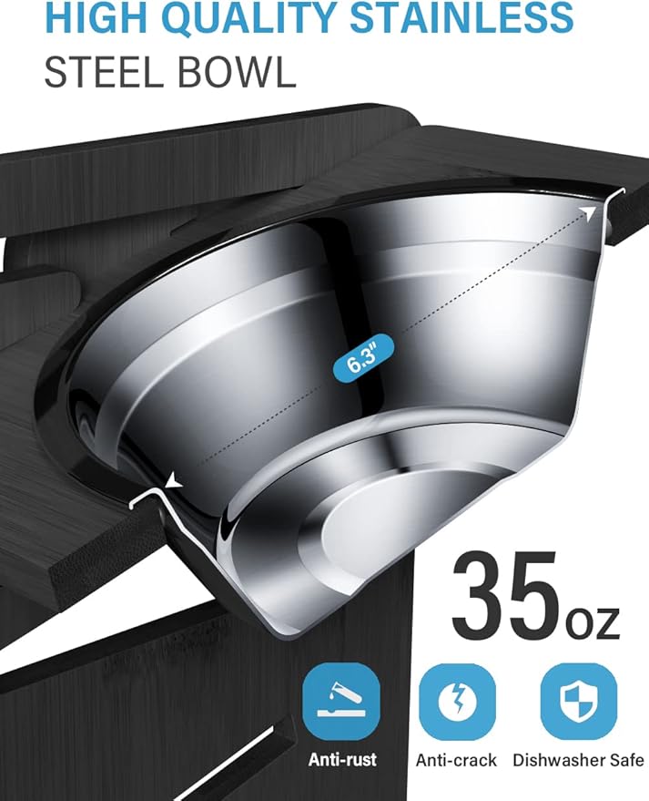 Vantic Elevated Dog Bowls, Adjustable Raised Dog Bowl Stand for Medium Sized Pet, Sturdy Bamboo Food Feeder with 2 Stainless Steel Dishes, Black