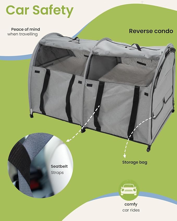 Portable Twin Compartment Show House Cat Cage Condo,Comfy Puppy Home Dog Travel Crate with Carry Bag,2 Hammocks and Mats & Collapsible Litter Box and Water Bottle