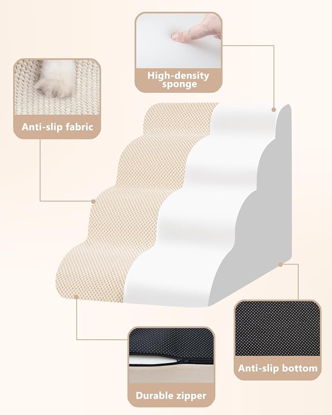 Dog Stairs Ramp for Bed and Couch,4 Step Dog Steps for Small Dogs,Pet Stairs with Non-Slip Bottom for Old Cats,Indoor Pet Steps,Comfort,Durable,17.4" H,Beige