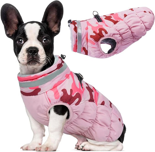 Lelepet Warm Dog Winter Coat Dog Coats for Small Dogs Waterproof Dogs Jacket with Harness Built in Reflective Cold Weather Coats Windproof Zip-Up Winter Fleece Vest Snowsuit Chihuahua Pink Camo