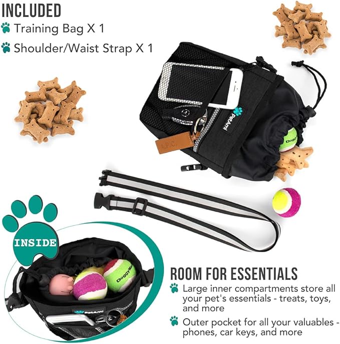 PetAmi Dog Treat Pouch, Pet Treat Pouch for Training, Dog Walking Bag Holder for Kibbles, Pet Food Toy, Dog Trainer Essentials Supplies, Poop Bag Dispenser, 3 Ways to Wear (Charcoal)