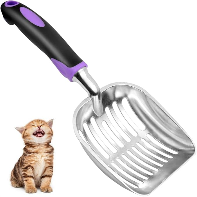 Cat Litter Scoop, Metal Cat Scooper, Rubber Handle Scoop, Sifting Shovel – Heavy Duty Aluminum Alloy Litter Box Scoop with Deep Mesh, Design for Easy Waste Removal and Cleaning(Purple)