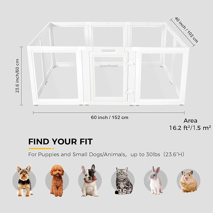 Clear Acrylic Plastic Dog Playpen - Clear Dog Play Pen - Easy Assemble Acrylic Dog Playpen - Puppy Playpen, Cat Playpen, Small Animal Playpen, Dog Play Pen Indoors (White, 23.6“ H, 10PCS)